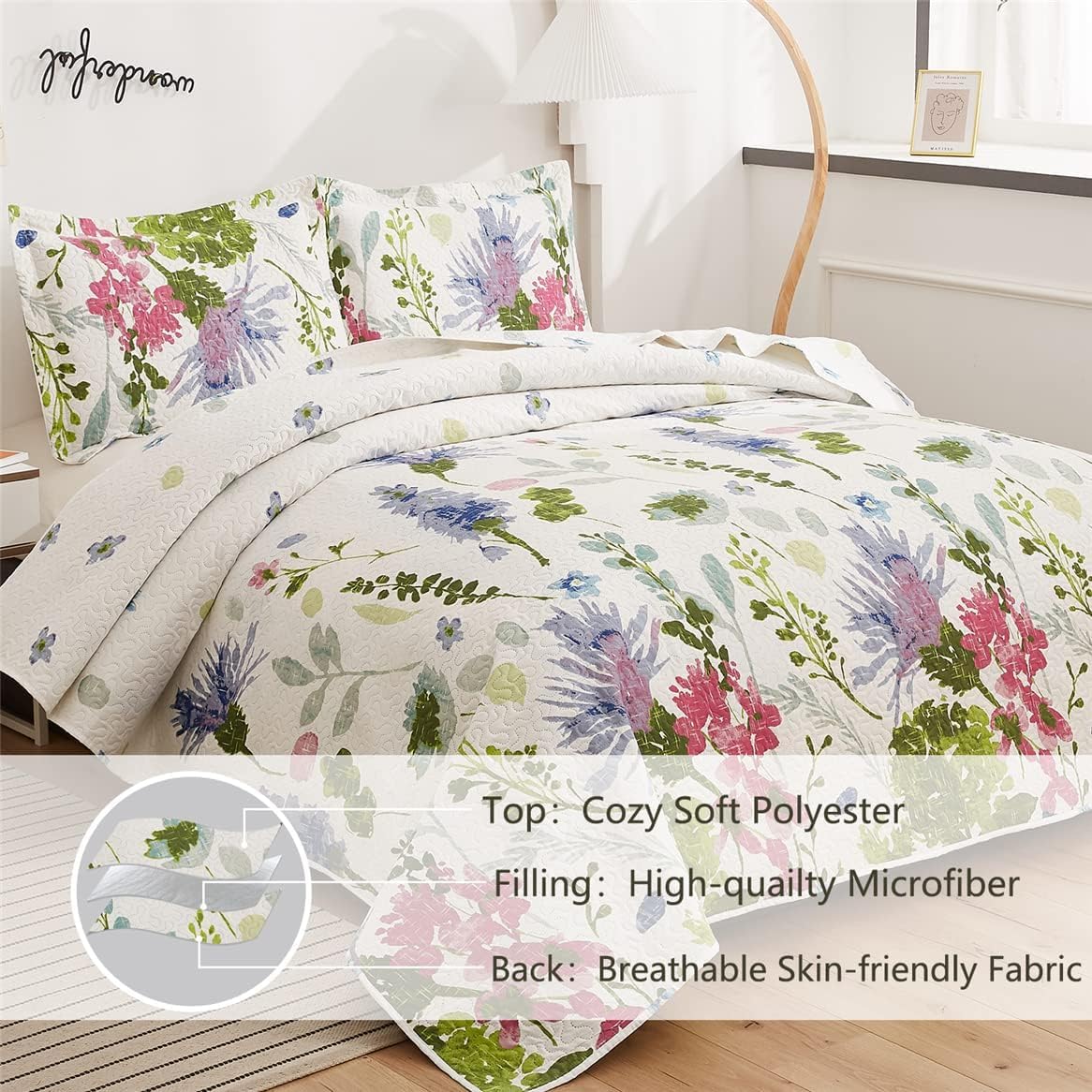 Lightweight Thin Multicolor Botanical Bedspread Coverlet Set King Size Breathable Blue Purple Green White Flower Plant Garden Quilts Bed Cover Floral Bedding with 2 King Random Pillow Shams