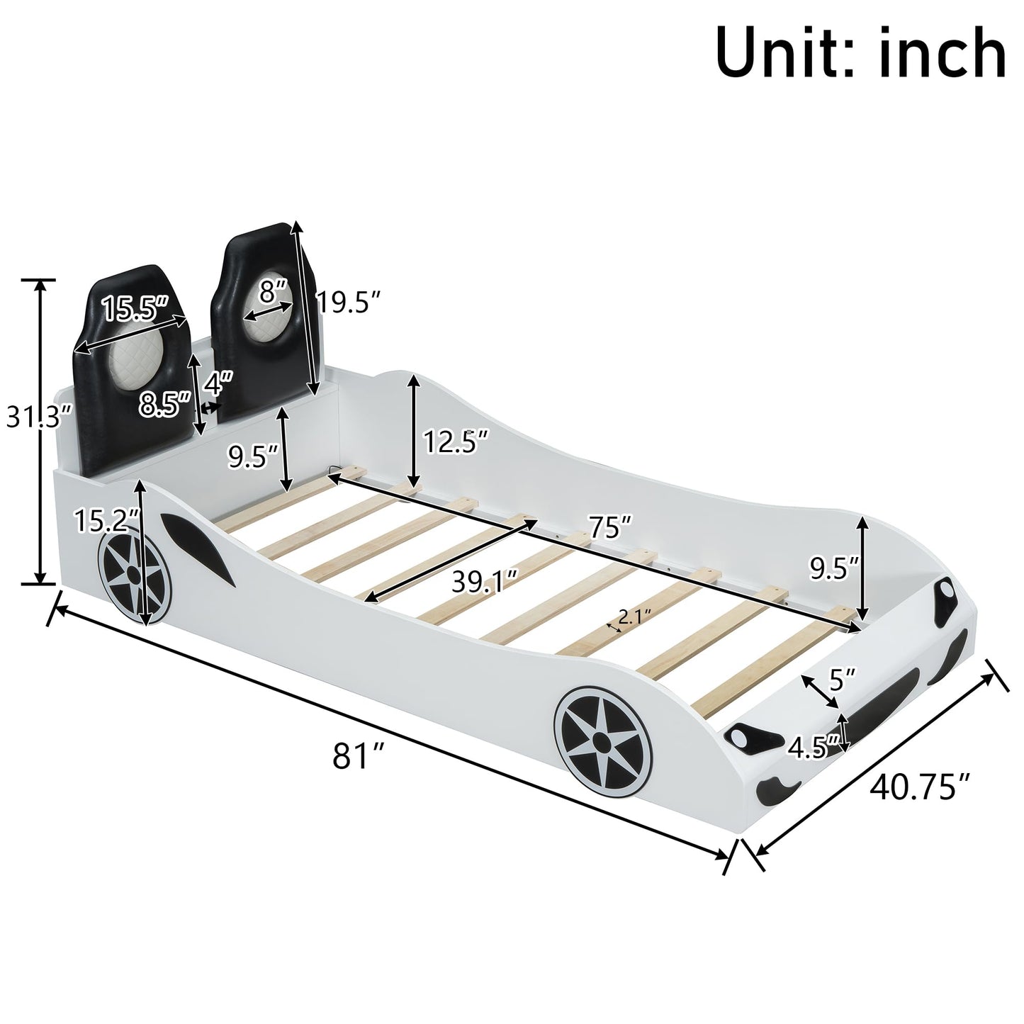 MaiDeHaoo Twin Bed Frames for Kids, Race Car-Shaped Bed Frame with LED Lights, Wheels and Upholstered Backrest for Boys, Girls, No Box Spring Needed, White