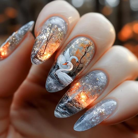 Swan Lake Press on Nails Almond Medium Length Jungle Flame Smudge Acrylic False Nail French Tip Press Ons Stick on Nail Full Cover Glossy Artificial Fingernails Reusable Gel Glue on Nails for Women