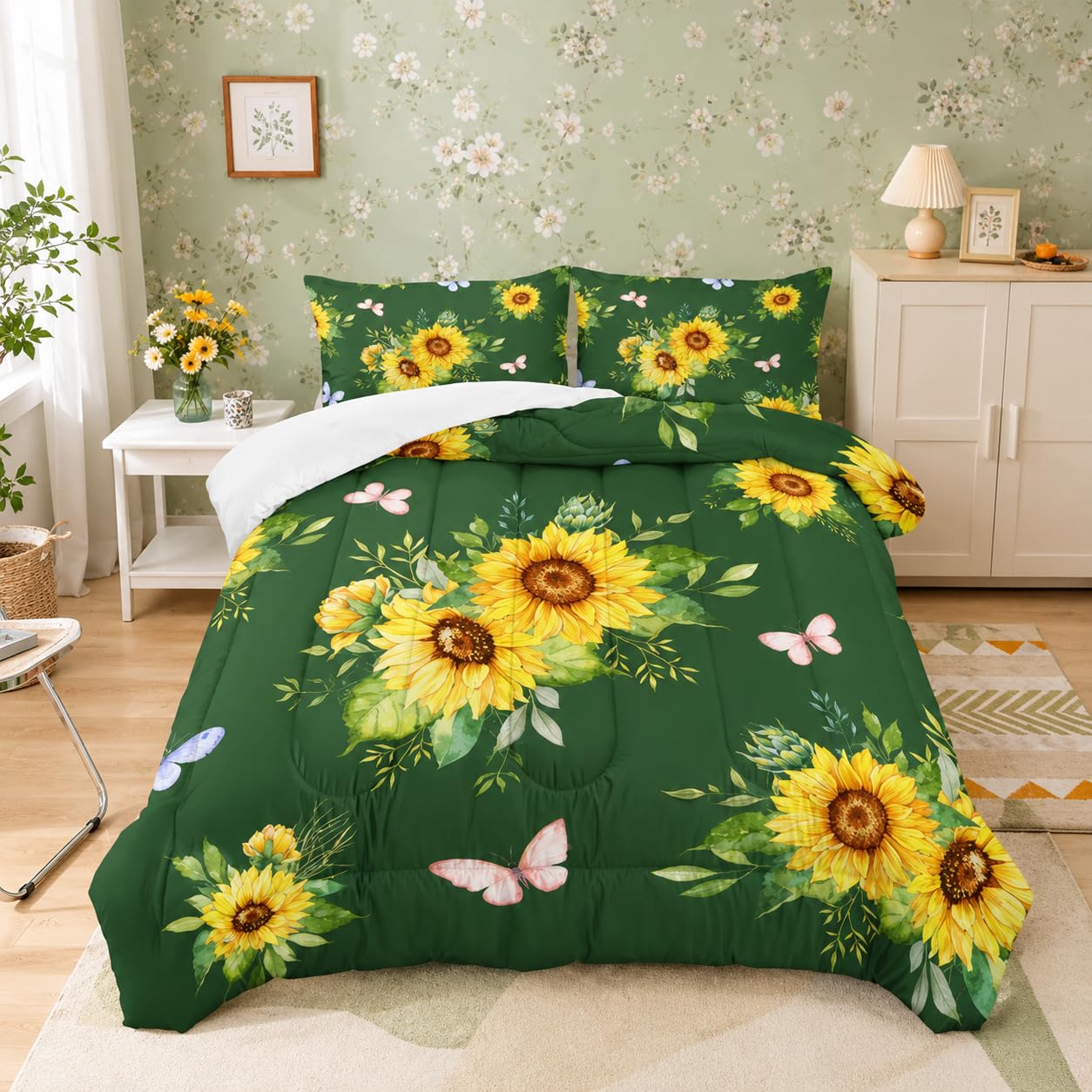Nttopship 3 Piece Green Sunflower Comforter Sets Full Size, Farmhouse Floral Bedding Set for Girls Boys Adults,3 Piece Bed in A Bag, Ultra Soft Microfiber All Season Yellow Flower Bedding Set