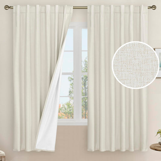 LAMIT 100% Blackout Natural Polyester Curtains, 63 Inches Linen Textured Thermal Bedroom Curtains Back Tab and Rod Pocket Neutral Panels with White Liner for Farmhouse, 2 Panels, 52 x 63 Inch, Ivory