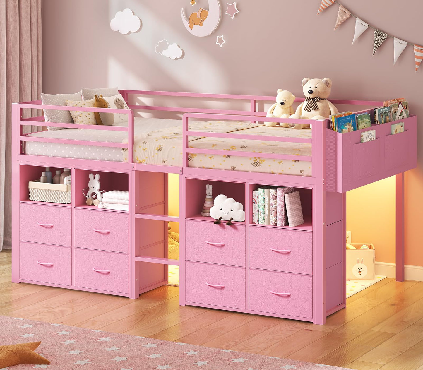 ADORNEVE Low Loft Bed Twin Size with 8 Storage Drawers, Twin Loft Bed with Bookcase and LED Lights, Metal Kids Loft Bed with 14" H Safety Guardrail, Under-Bed Play Space, No Box Spring Needed, Pink