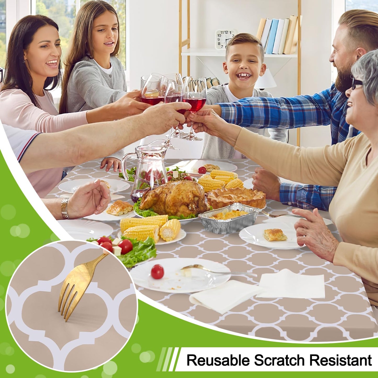 Smiry Oval Table Cloth, Waterproof Vinyl Tablecloths with Flannel Backing for Oval Tables, Wipeable Spillproof Plastic Tablecloth for Dining, Camping, Indoor and Outdoor (60"x84", Khaki)