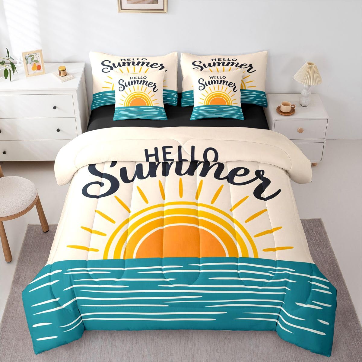 Erosebridal Sunrise Ocean Queen Bedding Set Coastal Minimalist Art Comforter Set with Flat and Fitted Sheet Kids Teens Modern Watercolor 7-Piece Bed in a Bag Beach Hello Summer Quilt Sets