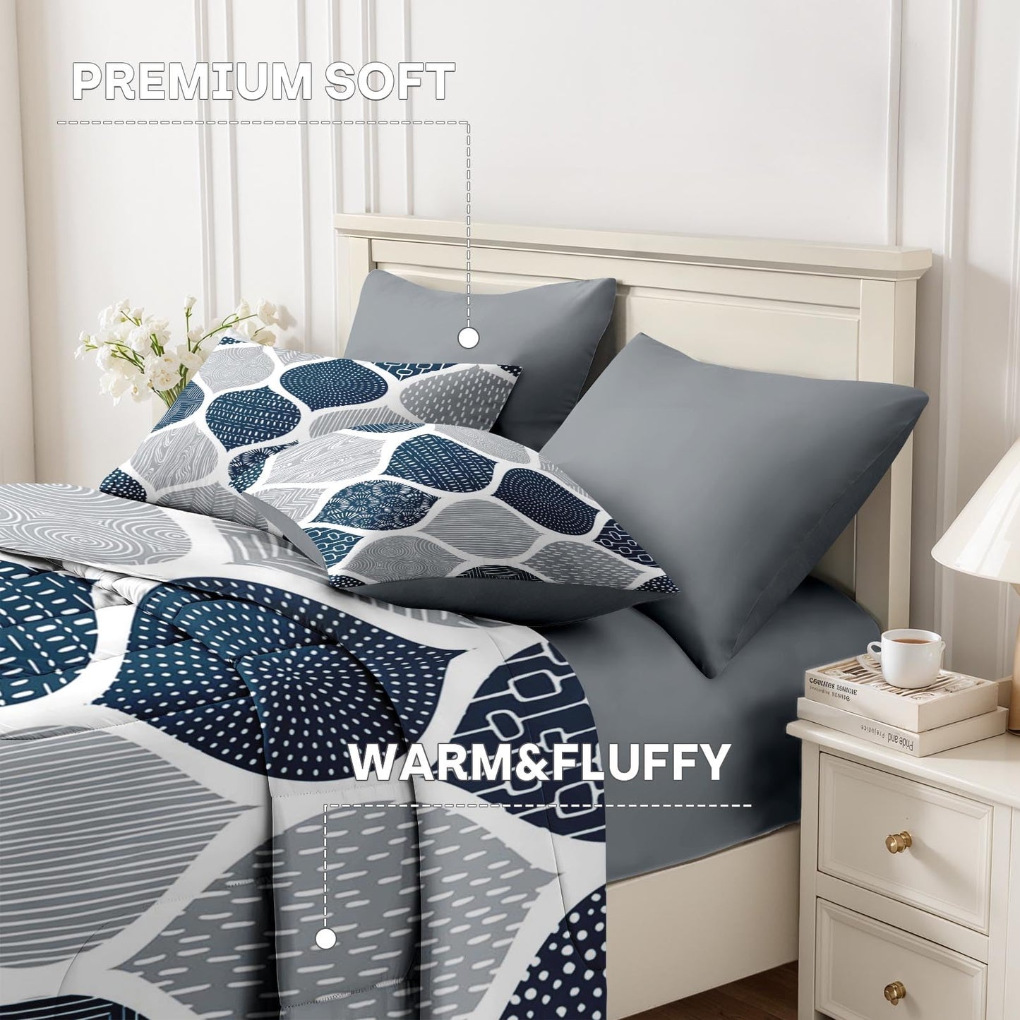 Nesker Comforter Set Queen Size, Boho Bohemian Abstract Blue Gray 7 Pcs Bedding for Kids and Adults, Indigo Geometry Grey Bed Sheet Sets with Fitted Sheet 2 Pillowcases & 2 Shams