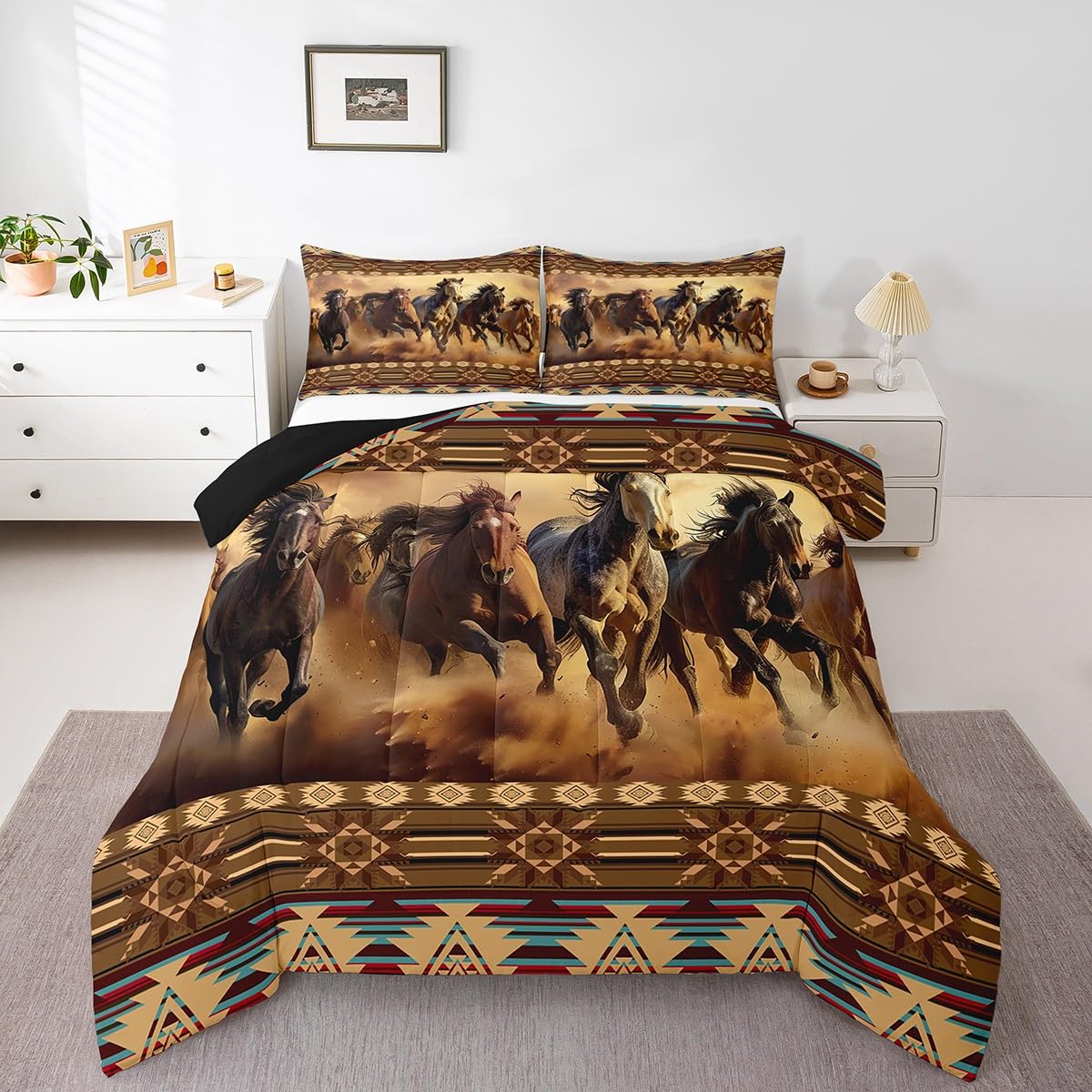 Feelyou Boho Comforter Set King Size Horses Comforter Southwestern Native Aztec Bedding Set Retro Exotic Boho Duvet Set Room Decor Dark Brown Quilt Set
