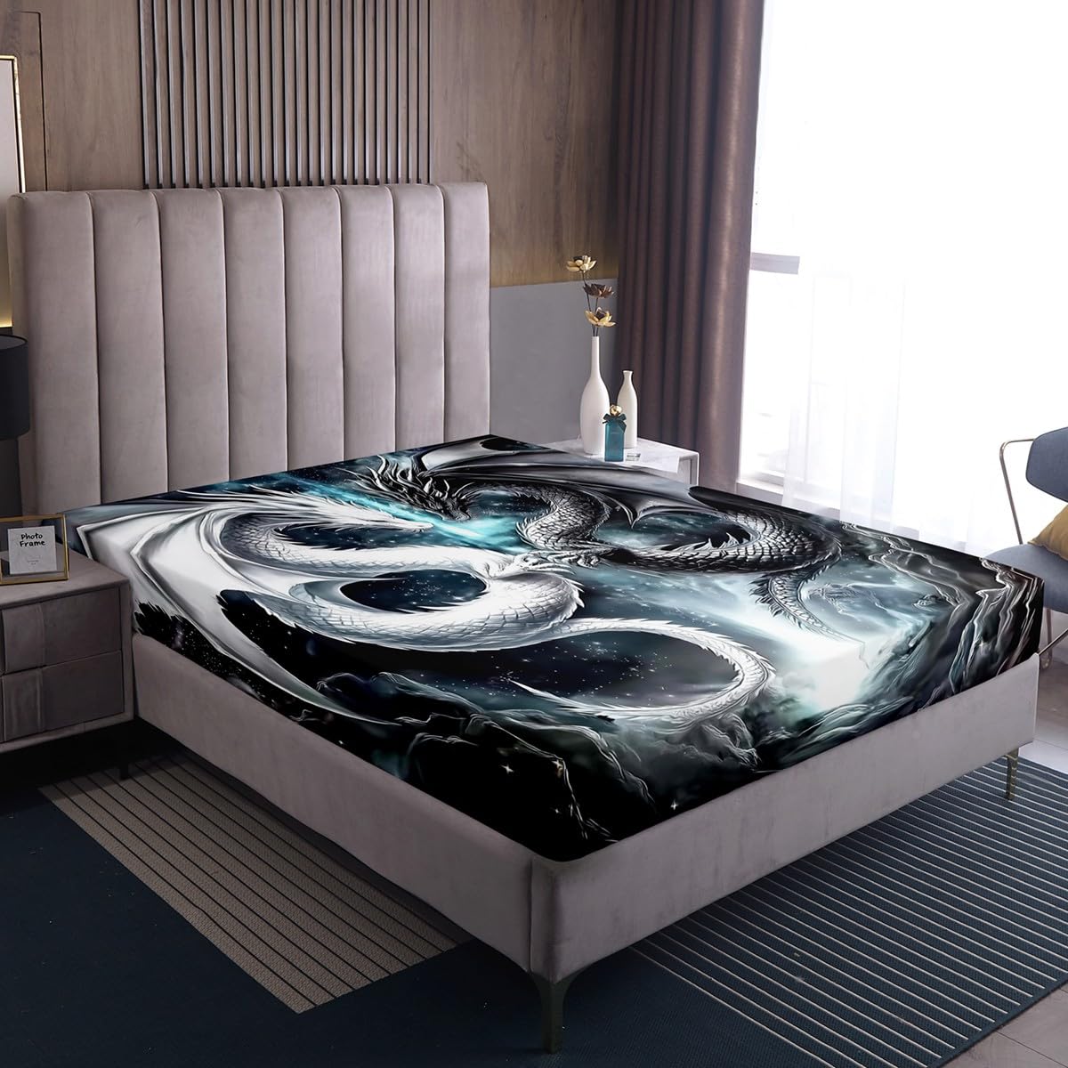 Erosebridal Dragon Twin Size Bedding Set, West Wildlife Bed Sheets Set for Teens Adult Youth Men Room, Ancient Animal Flat Fitted Sheet 3 Piece with 1 Pillowcase, Black White