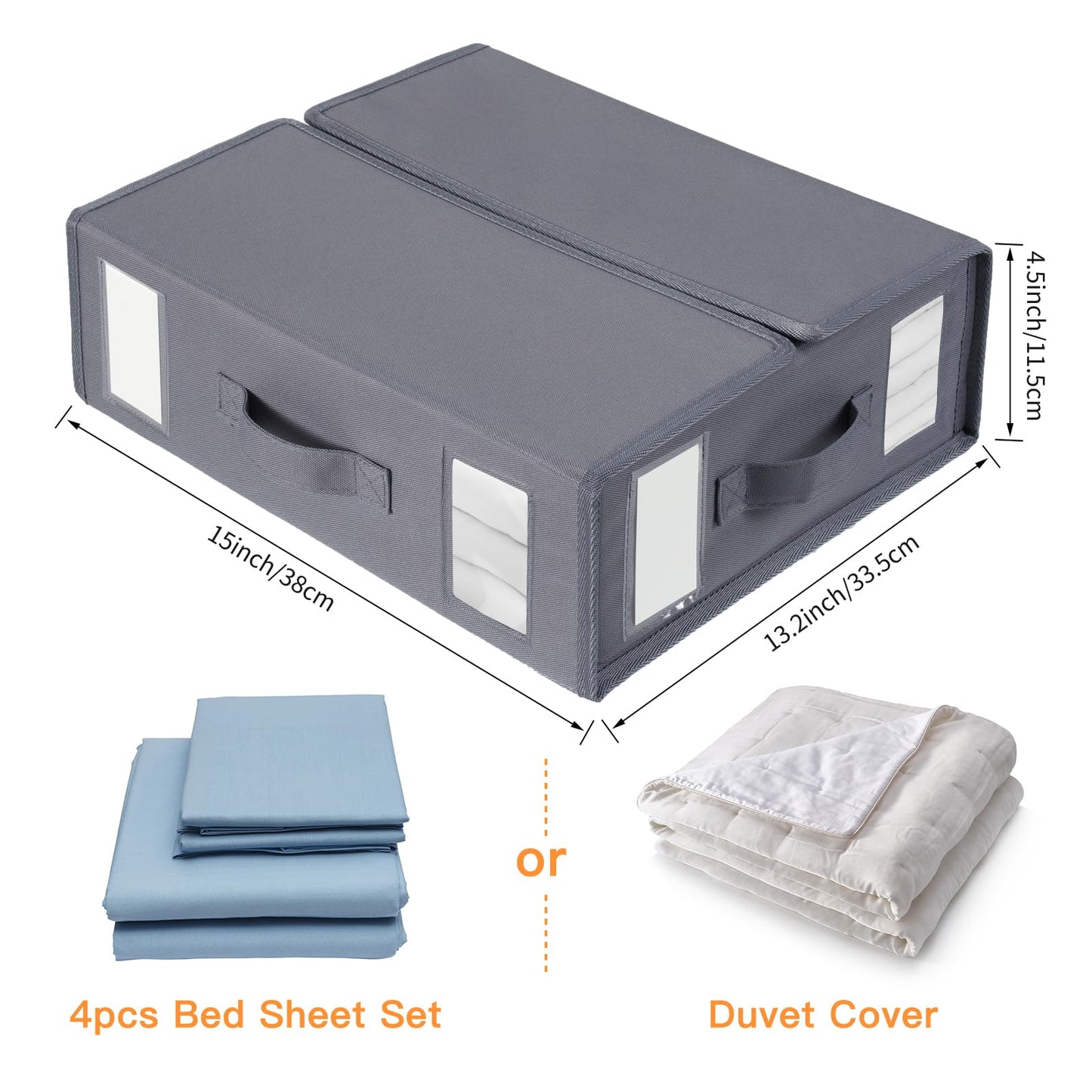 combocube 4 Pack Foldable Bed Sheet Storage Organizer Box for Linen Closet, with Window and Label, King or Queen Size Bedding Storage Boxes, Space Saving Container with Zip for Sheets, Covers, Clothes