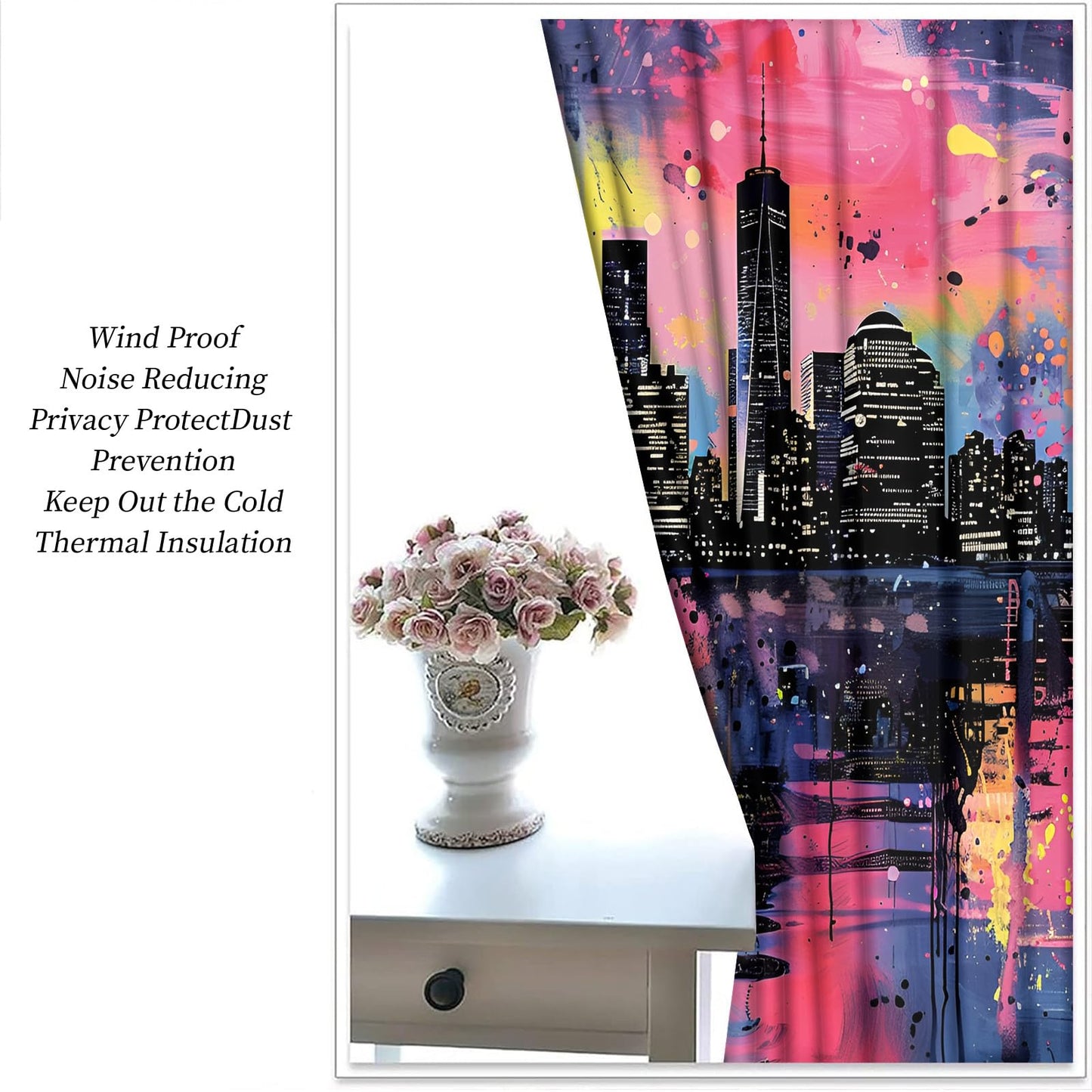 XAFIAUR Urban Architecture Blackout Curtains, Skyline Landscape Printed Drapes, Color Splatter Thermal Insulated Drapes 2 Panels Darkening Window Curtain for Bedroom Living Room 21" W x 63" L x2