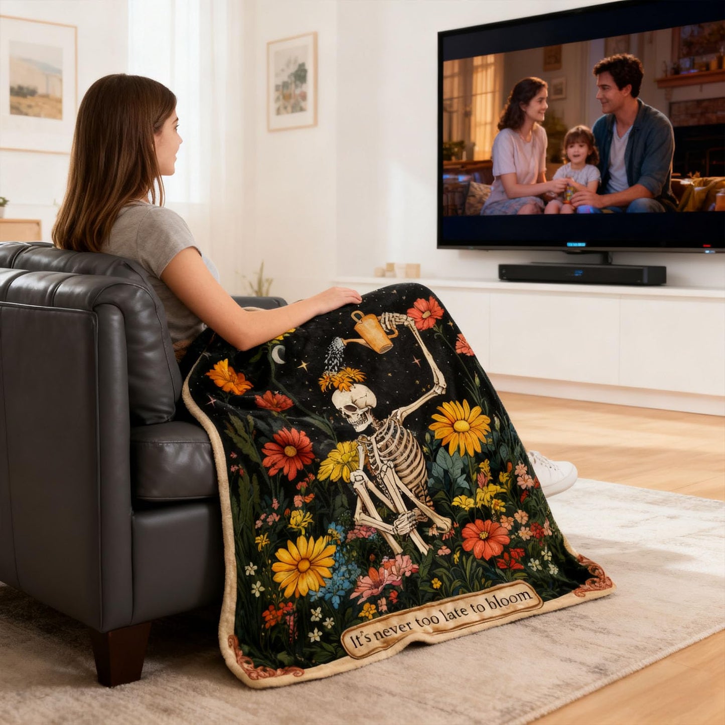 kampdream Life & Hope Flannel Blanket, Skeleton Watering Flowers, Super Soft & Warm Couch Sofa Living Room Optimistic Decor Ideal Gift for Family Friends 50×60 inch