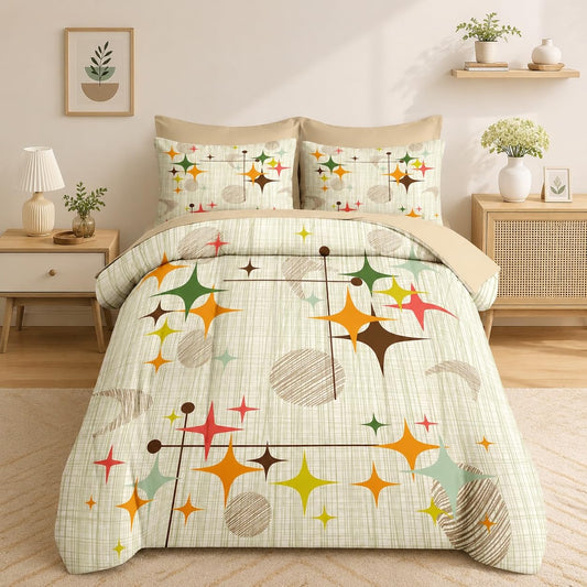Nesker Comforter Set Full Size, Retro Stars Brown 7 Pcs Bedding for Kids and Adults, Mid Century Vintage Bed Sheet Sets with Fitted Sheet 2 Pillowcases & 2 Shams