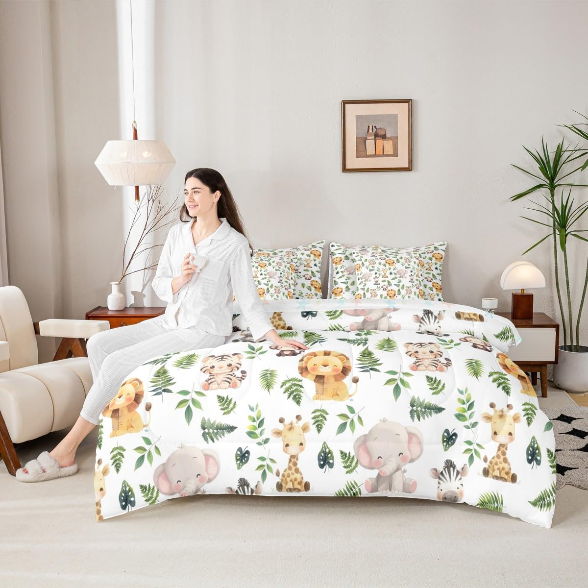 Erosebridal Cute Jungle Animal Twin Size Comforter Set with Sheets Kids Cartoon Zoo Animal 7-Piece Bedding Set Teens Giraffe Elephant Lion Bed in a Bag Green Palm Leaves Bed Quilt Sets