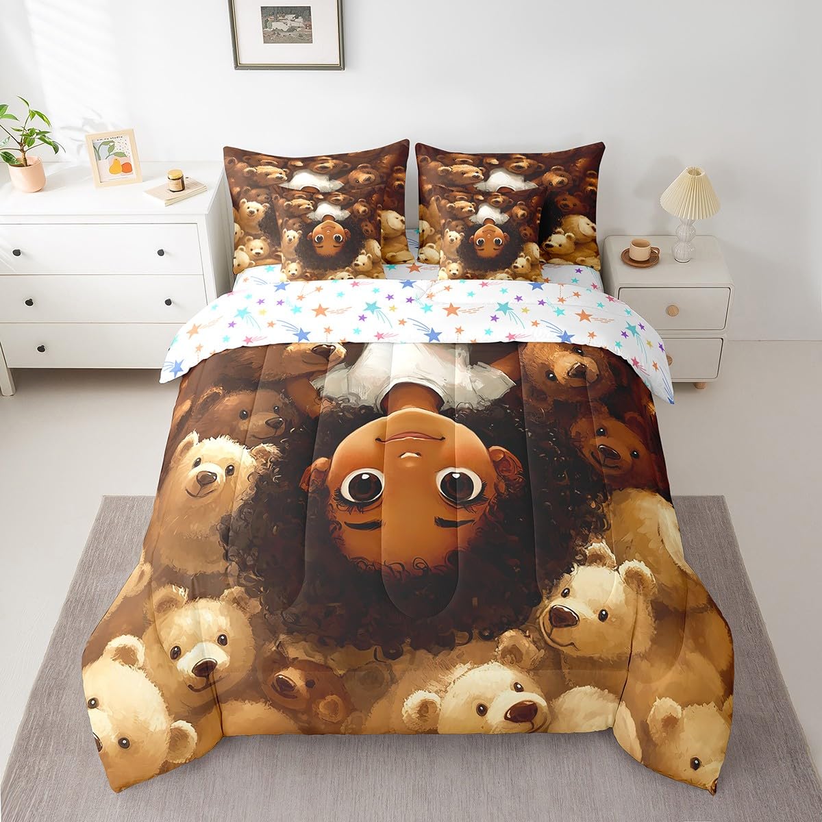jejeloiu Kids Cute Black Girl Comforter Set 7 Pieces Full Size African American Girl Bedding Set for Boys Girls Bear Bed in a Bag with Comforter, Sheets, Pillowcases & Cushion Covers（No Glitter）