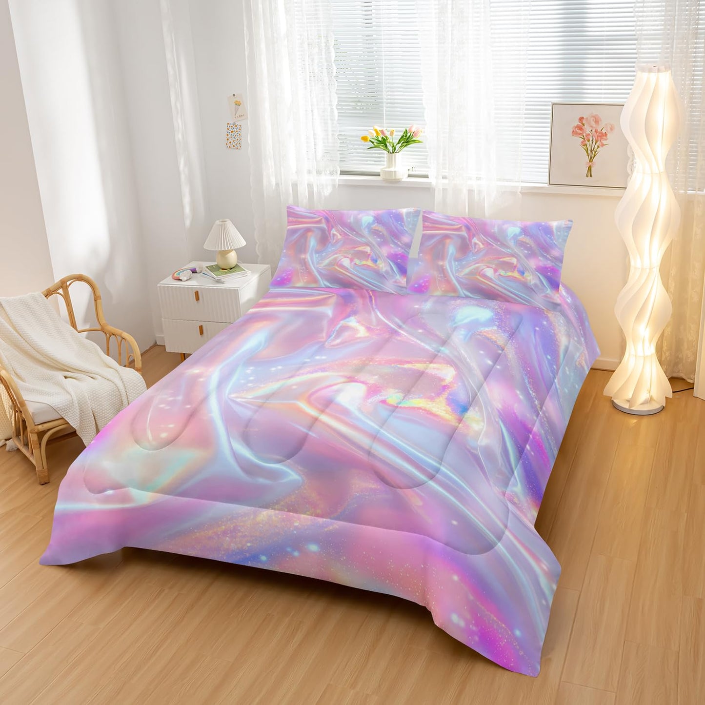 Nttopship Pink Abstract Art Comforter Modern Abstract Comforter Set,Rainbow Gradient Star Bedding Set Full Size 3PCS,Mordern Art Decor All Season Lightweight Soft Microfiber with 2 Pillow Shams