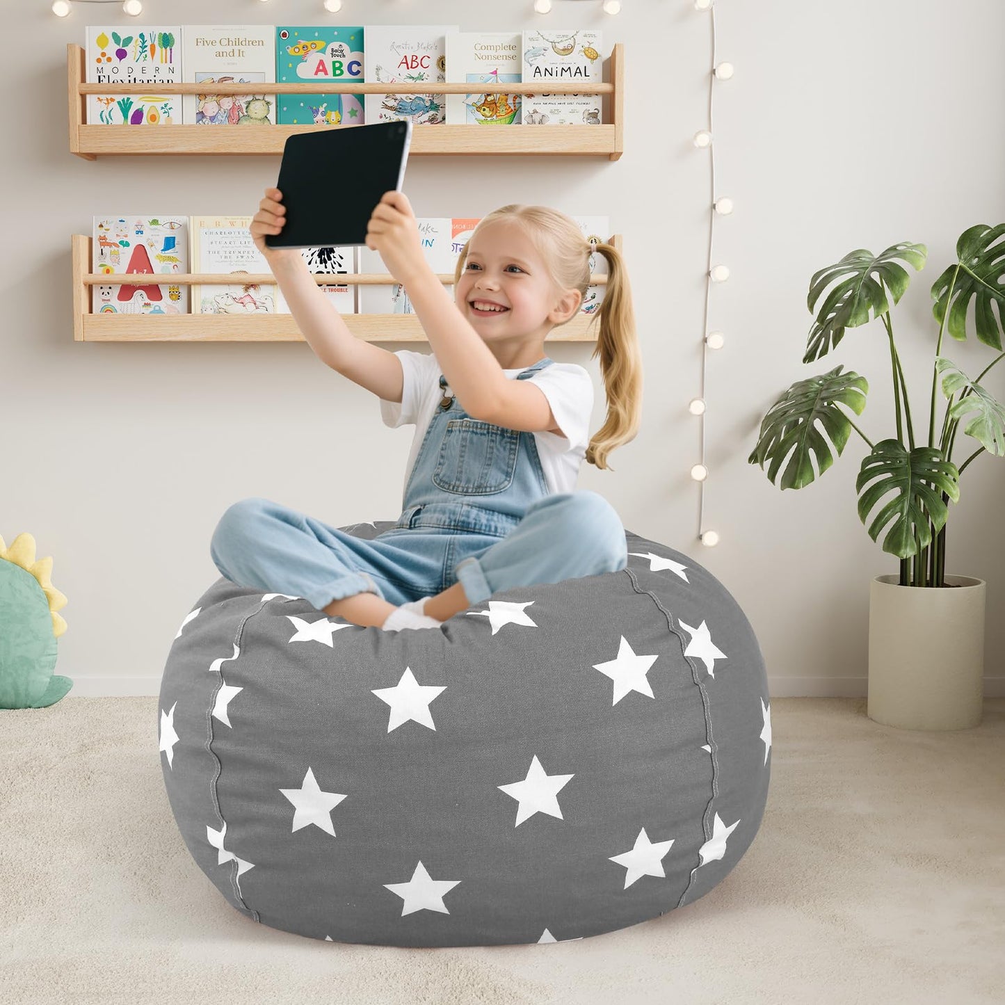 COMAX Bean Bag Chair for Kids, Kid Beanbag Chair Cute, Cotton Canvas Lazy Chair with Shredded Foam Filling, Stuffed Floor Sofa Couch for Boys and Girls, Grey Stars