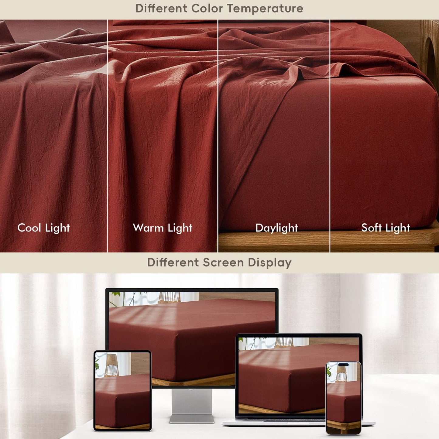 MooMee Fitted Bottom Sheet Only 100% Washed Cotton Linen Like Textured Breathable Durable Soft Comfy Deep Pocket Fits Mattress up to 17" (Solid Fired Brick Red, Queen)
