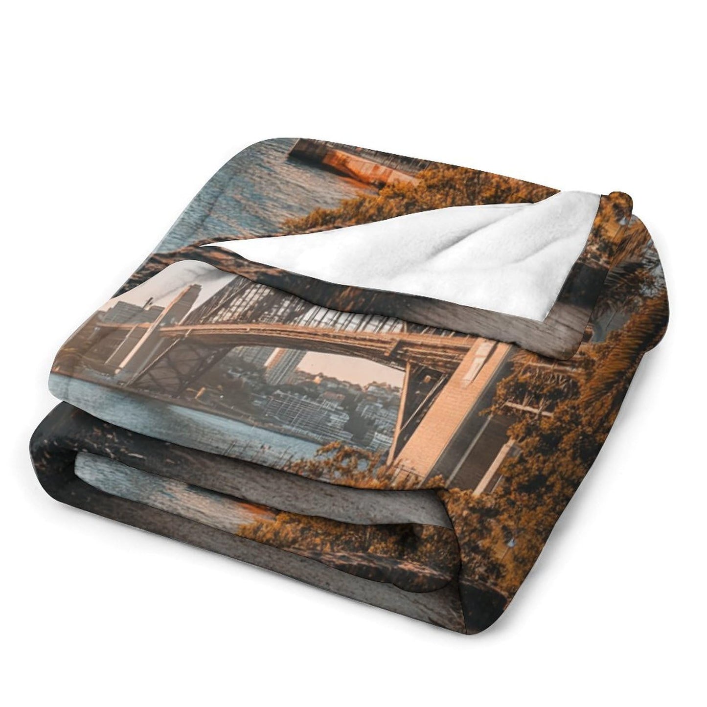 HDESDIS Modern City Bridge Throw Blanket, Soft Cozy Warm Sunset Harbour Skyline View Flannel Blankets for Sofa Couch Bed, 30x40 Inch
