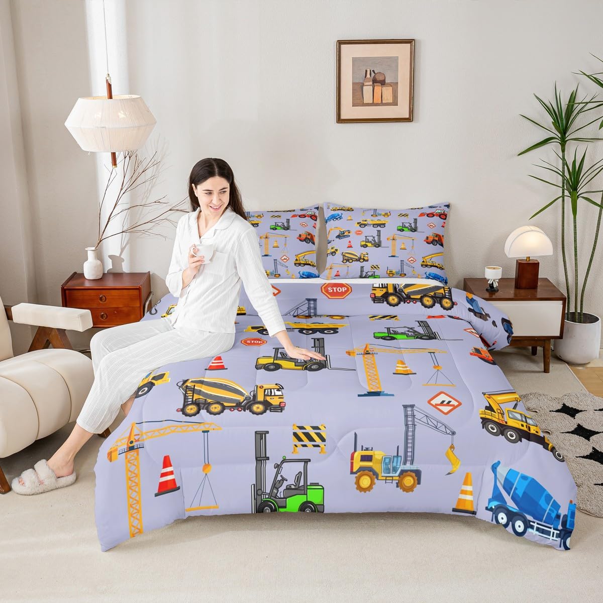 jejeloiu Excavator Comforter Set All Season Cartoon Car Bedding Set with 1 Pillow Cases Equipment Trucks Microfiber Kids Twin Bedclothes Construction Bedroom Decor Duvet Quilt Breathable Soft