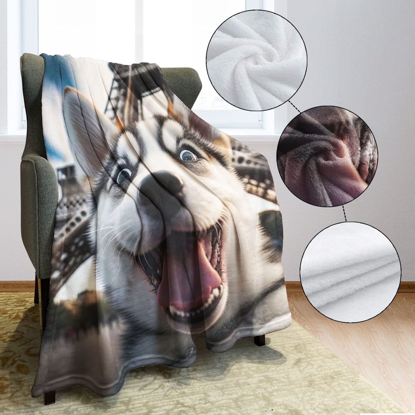 HommomH Cute Husky Throw Blanket, Puppy Selfie Fleece Blanket, Gifts for Dog Lovers, 50"x60"