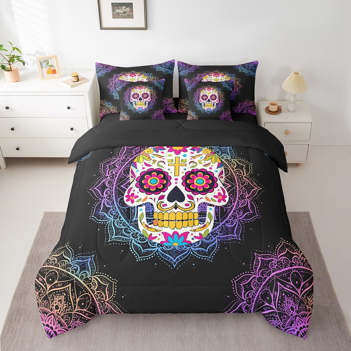 Erosebridal Sugar Skull Full Size Bed Sheets and Comforter Set,Bohemian Mandala 7 Piece Bedding Set Boho Floral Gothic Bone Bed in a Bag,Tribe Exotic Flower Halloween Skeleton Decorations