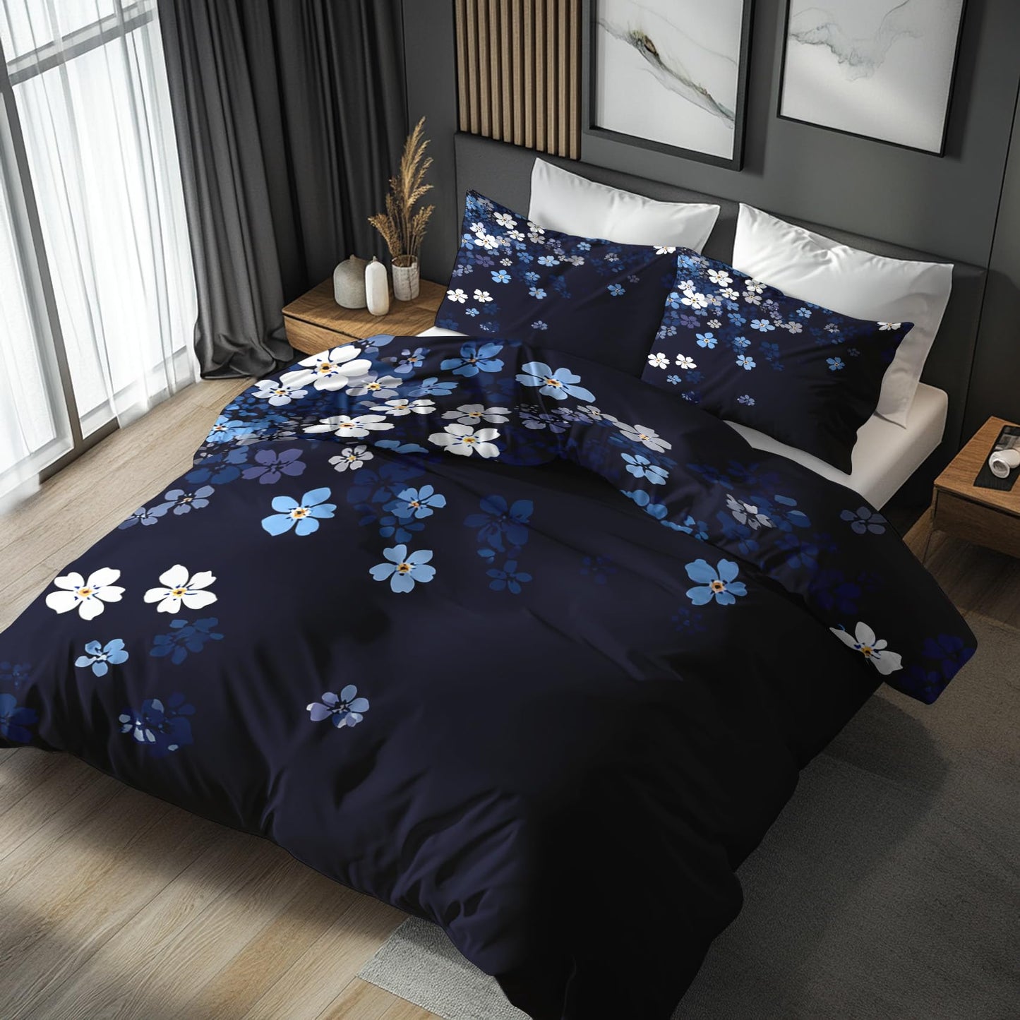 Navy Blue Floral King Size Duvet Cover Set 3 Piece, Botanical Flower Reversible Bedding with 2 Pillow Shams, Zipper & Ties, Ultra Soft Microfiber, Floral Bedroom Decorations 46A-I
