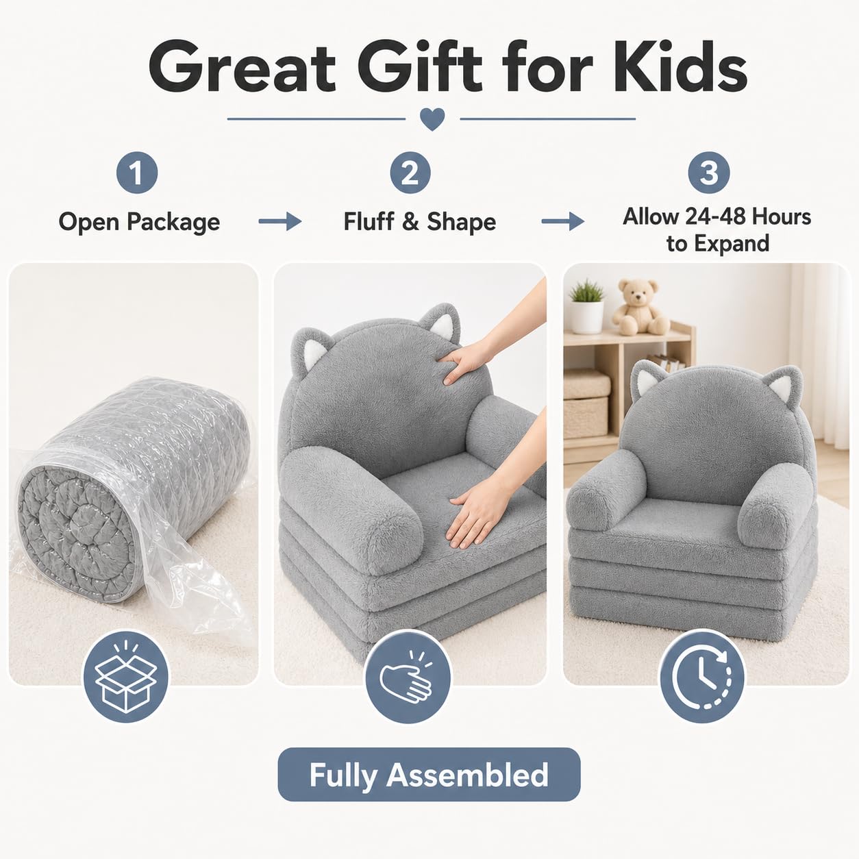 MONKISS Kids Couch, Comfy Toddler Chair, 2 in 1 Fold Out Kids Sofa, Baby Sitting Chair with Washable Cover, Toddler Furniture for Reading, TV and Playroom, Birthday Gifts, 1-4 Years Old, Grey Cat