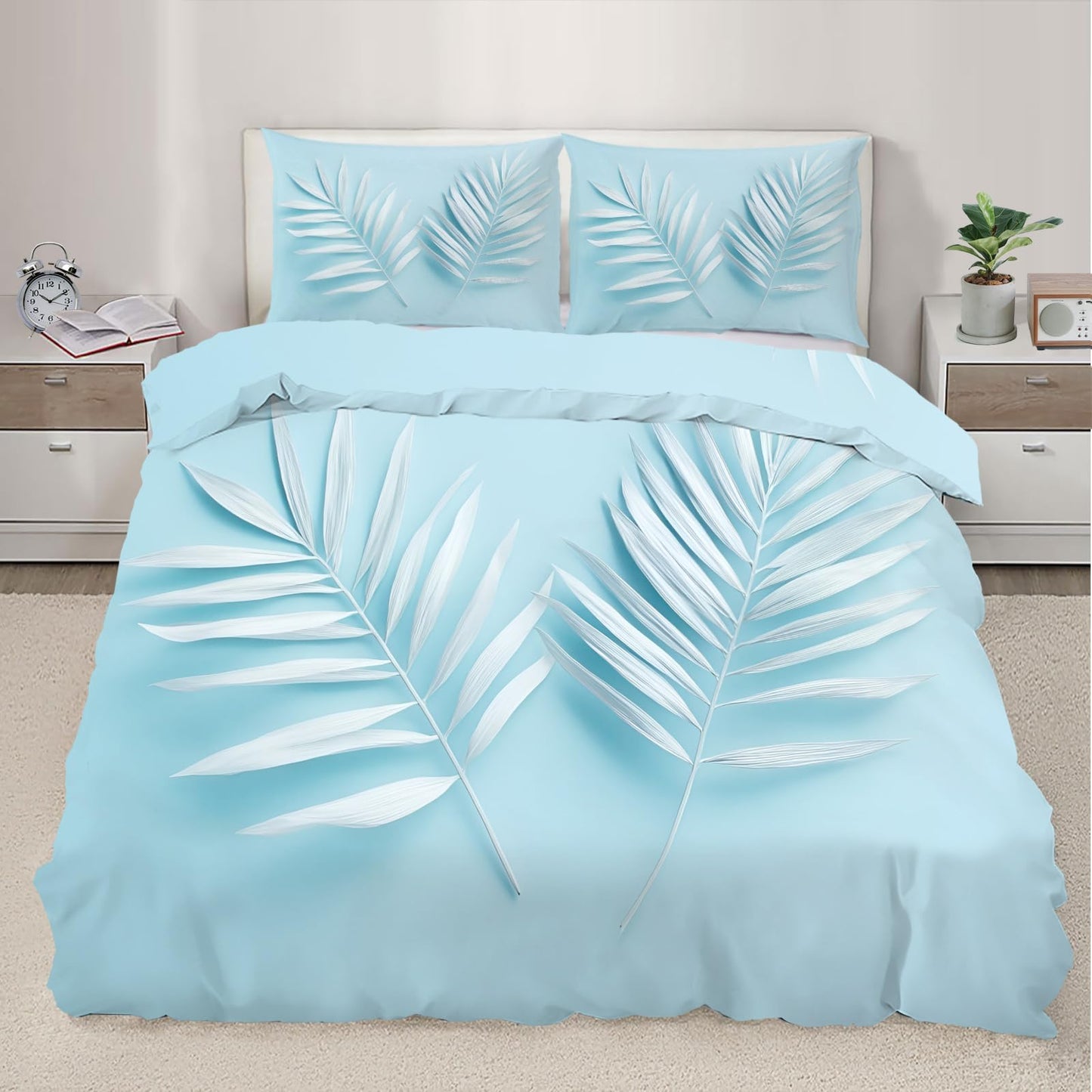 PAISUOQ Tropical Bedding Sets Full Brown Leaves Comforter Cover with Zipper Ties, Simple Blue Duvet Cover with 2 Pillowcases, 3 Pieces，Bedroom Decor & Gifts