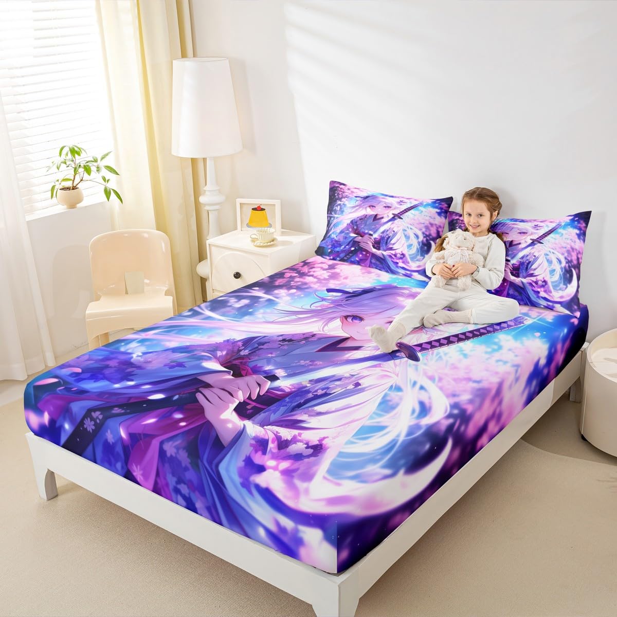 Erosebridal Anime Girl Twin Bedding Set for Kids, Kawaii Japanese Anime Fitted Sheet Cartoon Girl Bed Sheets Sci Fi Style Japanese Animation Sheets for Kids Girls Teens Adult Bedroom