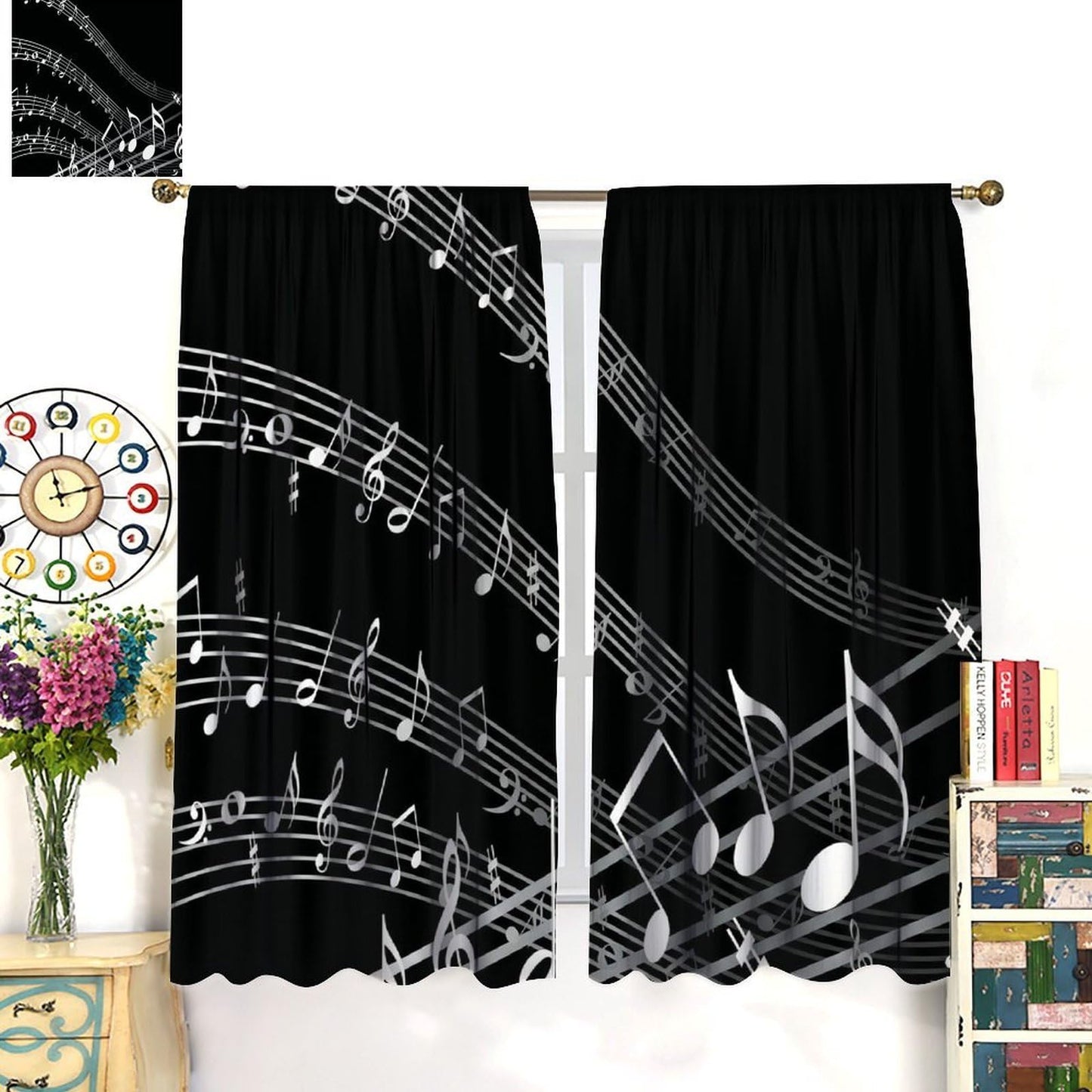 VUMIVI Music Theme Curtains Classic Black White Musical Notes Wavy Sheet Staff Rod Pocket Window Treatments for Bedroom Kitchen Music Classroom Dorms Cafe 42" W X 44.5" L