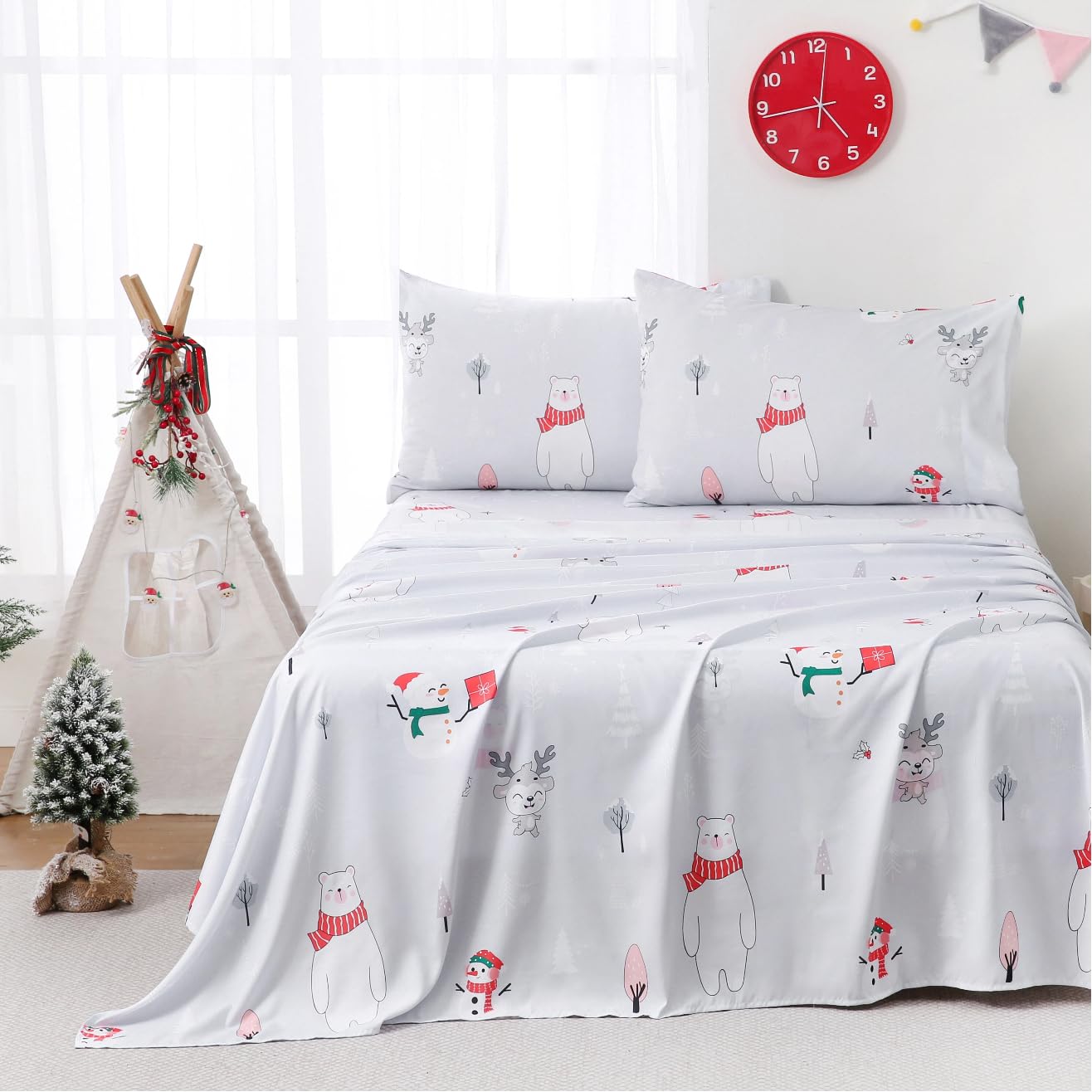 Yibeizi Kids Christmas Sheets Twin, Light Grey Bear Snowmen Printed Sheet Set for Boys Girls, Cute Microfiber Bedsheets Deep Pocket Bed Sheet & Pillowcase Sets 3 Pieces