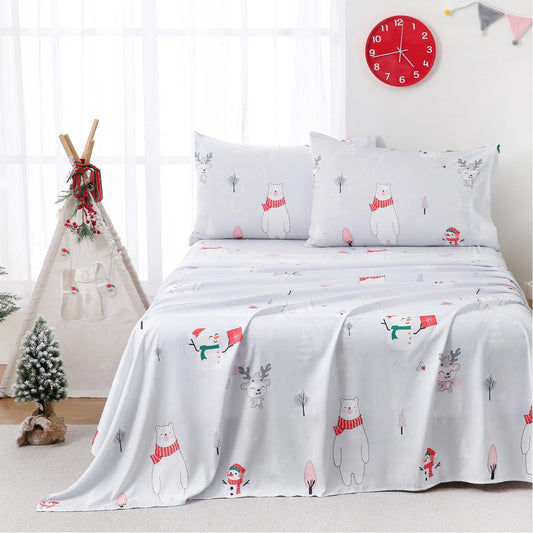 Yibeizi Kids Christmas Sheets Twin, Light Grey Bear Snowmen Printed Sheet Set for Boys Girls, Cute Microfiber Bedsheets Deep Pocket Bed Sheet & Pillowcase Sets 3 Pieces