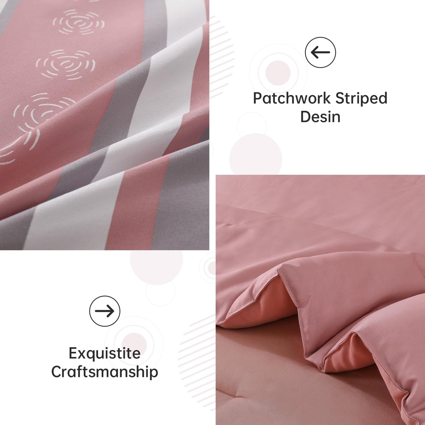 Anibedding Comforter Set King Size,8 Pieces Pink Boho Bed in a Bag Patchwork Striped Comforter Set, Soft Microfiber Bedding Set for All Season(104"×90")