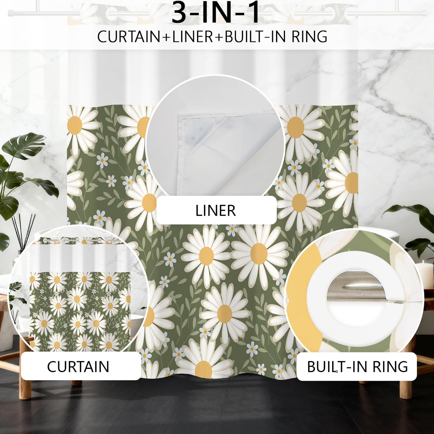 NAEMBCU No Hooks Daisy Shower Curtain with Snap in Liner, Green & White Daisy Floral Shower Curtains for Bathroom, Waterproof Cloth Fabric with See Through Mesh Top Window, 71x74 Inch