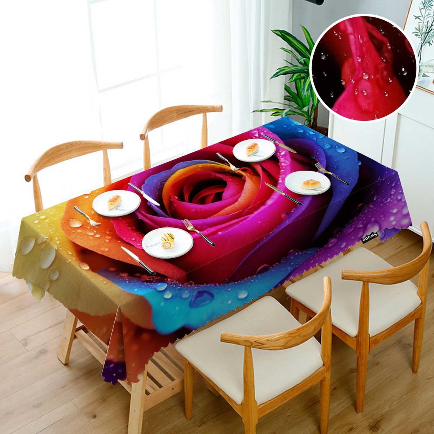 Swono Rose Table Cover Colorful Rose Flowers with Water Drops 50x72 Inch Table Cloth Kitchen Dinning Tablecloth for Rectangle Tables Buffet Parties Coffee BBQ Weddings