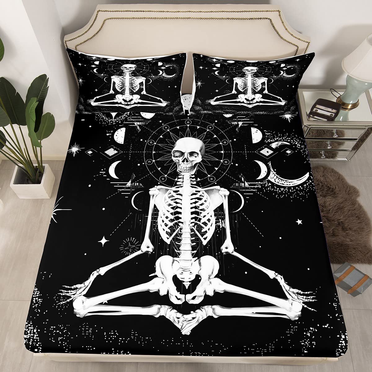 Erosebridal Skull Bed Sheets,Gothic Skeleton Sheet Set Queen Stars Moon Fitted Sheet Moon Phase Sheets Phychedelic Geometric Flat Sheet,Black White Decoratives for Home Bedroom,Super Soft Luxury…