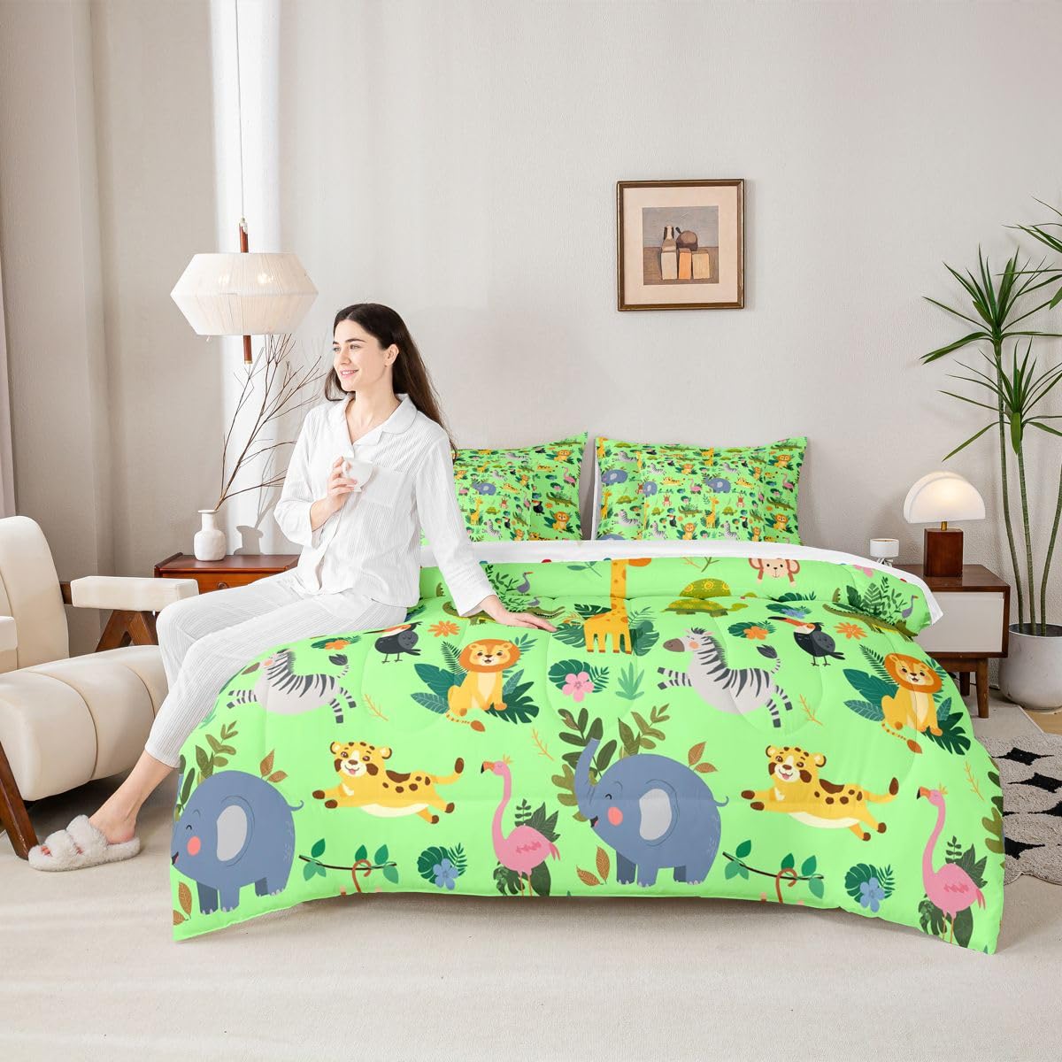 Cartoon Animal Bed in a Bag Queen Comforter Set 7 Piece | Giraffe Tiger Lion Bedding Sets Flamingo Zebra Crocodile Turtle Elephant Comforter and Sheet Set,Jungle Woodland Green Palm Leaves Bed Sets