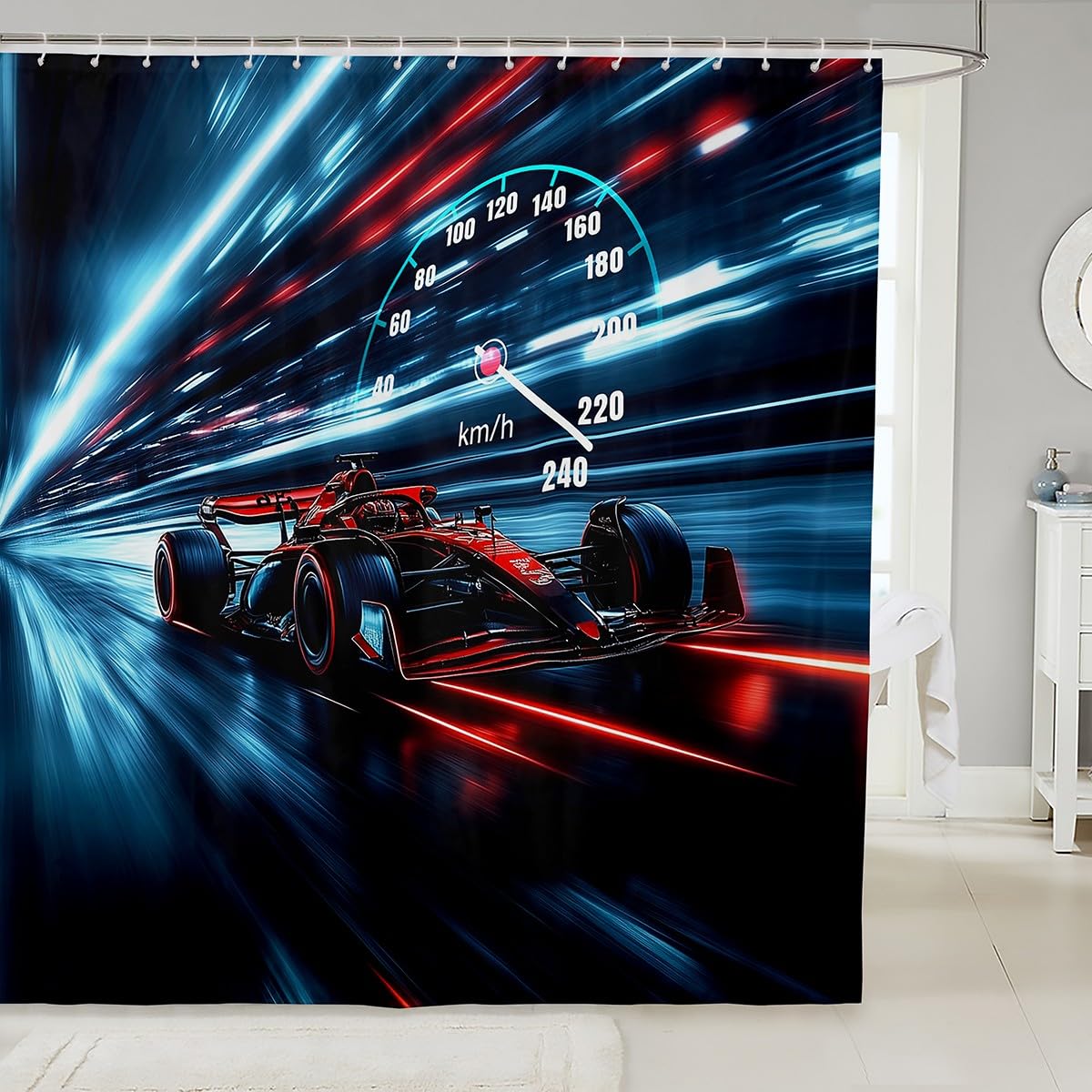 Feelyou Race Car Shower Curtain 72"x84" Speed Sports Car Bath Curtain for Boys Girls Teens Racing Bath CurtainExtreme Sports Code Table Kids Bathroom Accessories Automobile