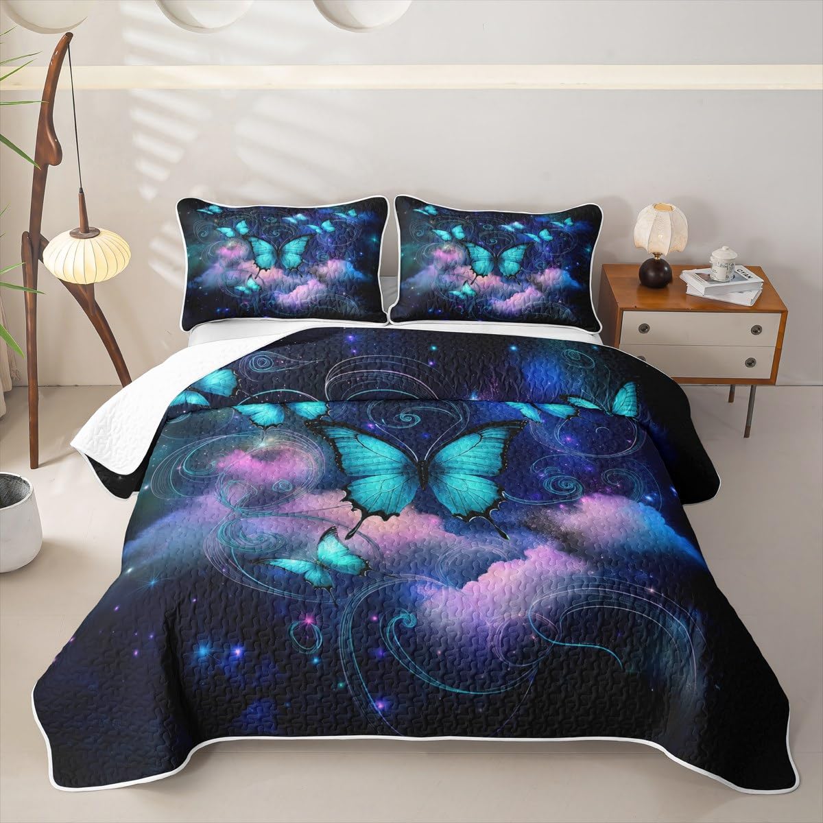 Erosebridal Butterfly Quilt Full Rustic Flower Quilt Set Galaxy Quilted Bedspread with 2 Pillowcases Retro Vintage Romantic Style Bedding Coverlet