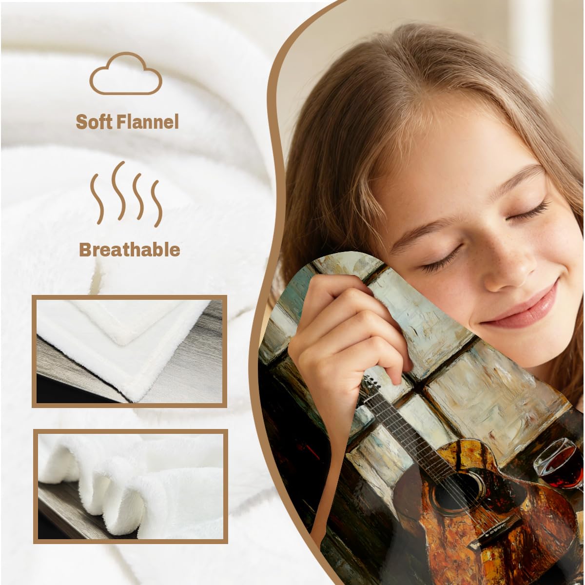 HUNXIAOJ Guitar Blanket Throw Music Decor Flannel Throw Musical Instruments Bedding Guitar Fleece Blanket Gifts for Men Women Girls Boys Kids Couch Home Bedroom Living Room Musician Decor 49"x59"