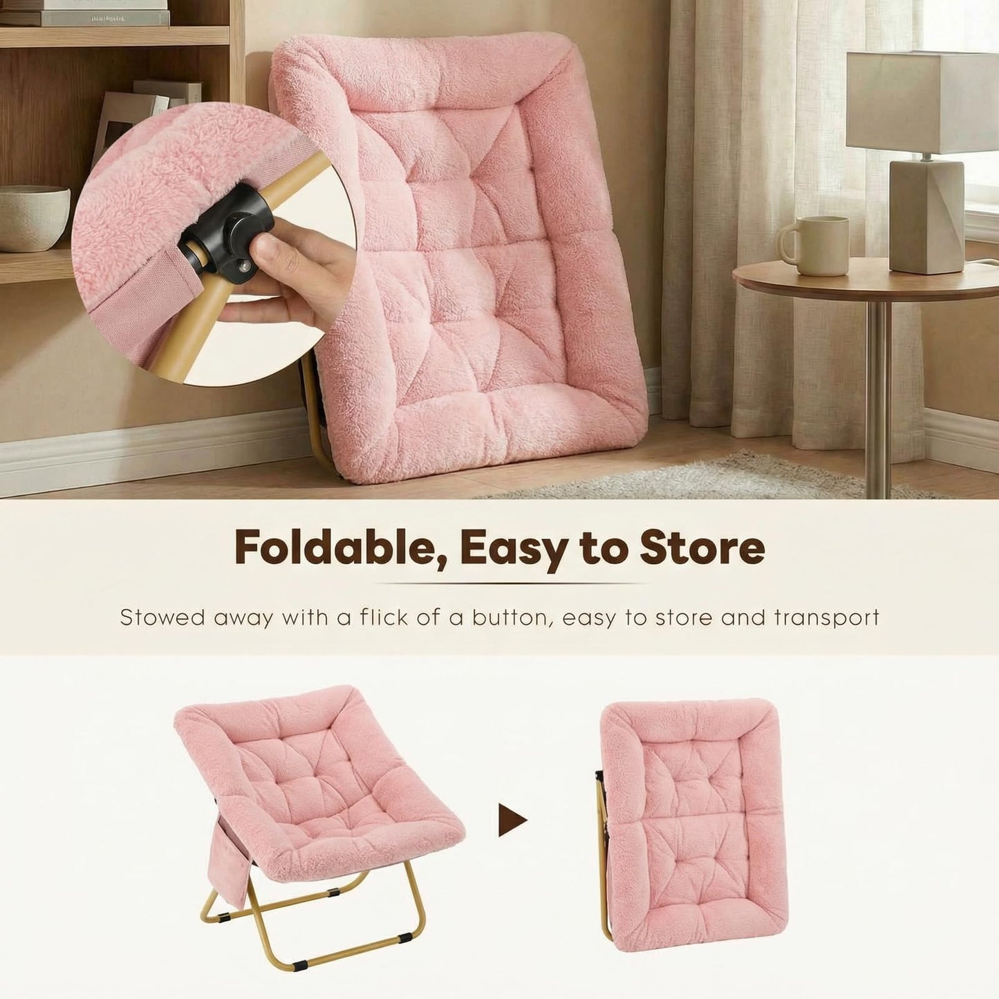 Folding Saucer Chair, Comfy Reading Chair with Soft Thick Padded Seat, Plush Faux Fur Lounge Chair for Small Space, Bedroom, Dorm, Living Room, X-Large Lazy Chair for Adults Teens Kids