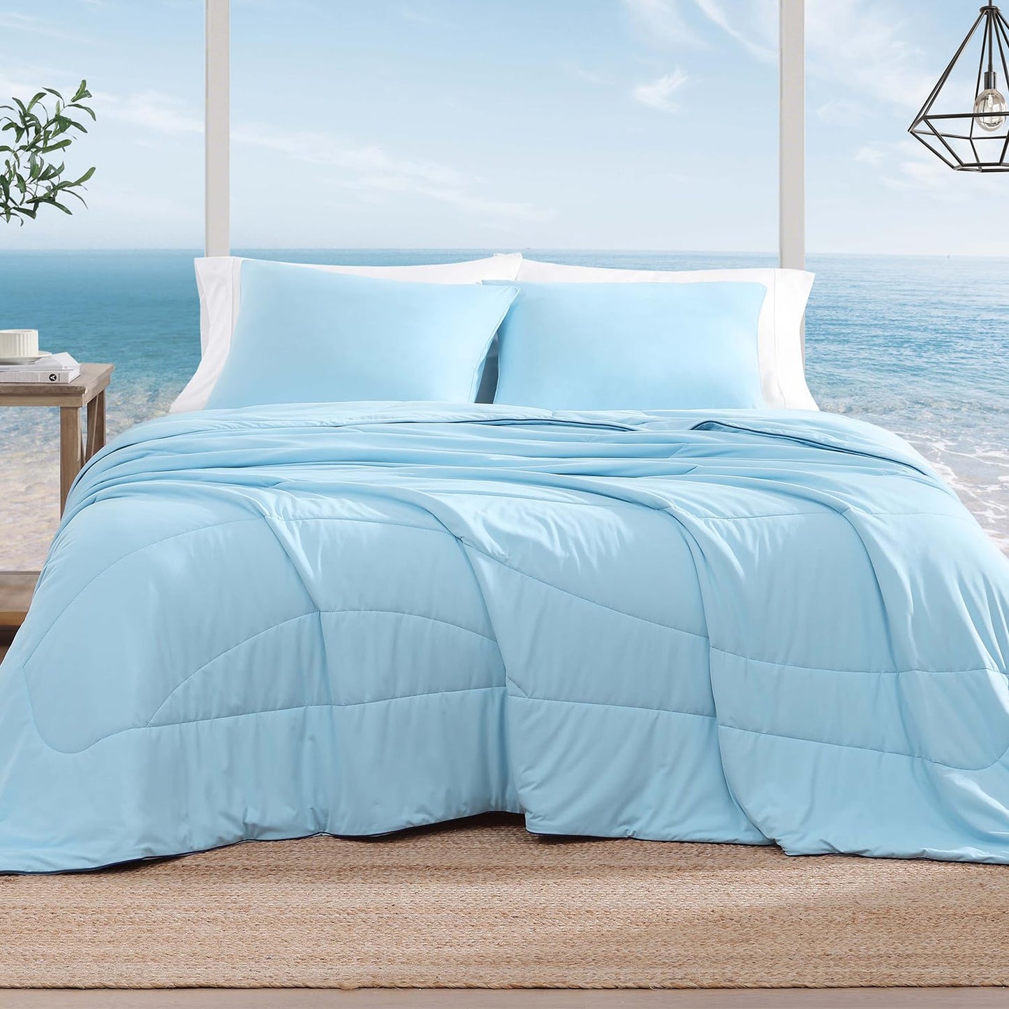 Monbix ChillChilla Cooling Comforter Queen Size-3 Pieces Cooling Blankets for Hot Sleepers and Night Sweats, Double-Sided Summer Queen Comforter Set, Breathable Lightweight Blanket Blue