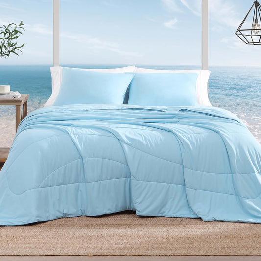 Monbix ChillChilla Cooling Comforter Queen Size-3 Pieces Cooling Blankets for Hot Sleepers and Night Sweats, Double-Sided Summer Queen Comforter Set, Breathable Lightweight Blanket Blue