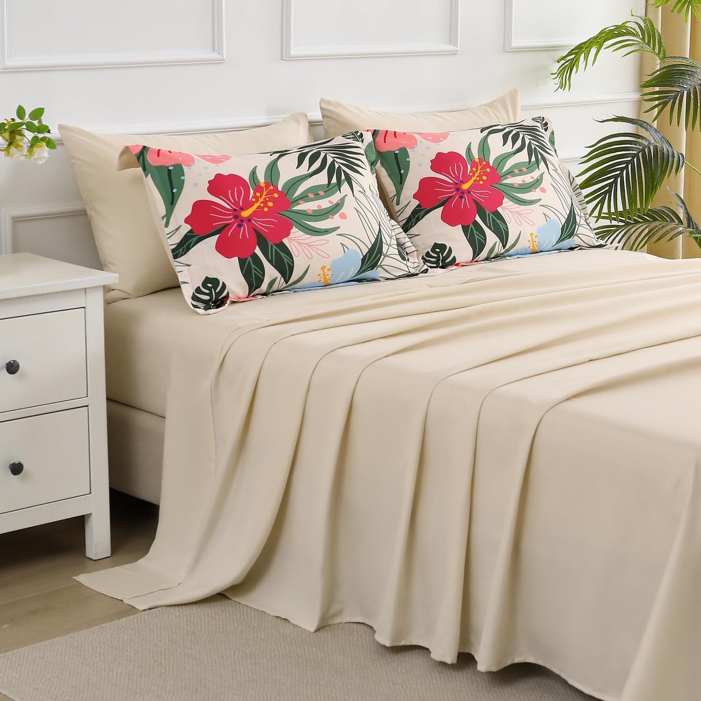 Yogeneg 7 Piece Bed in a Bag Queen Size Comforter Set Beige Bedding Set,Pink Floral Green Leaves Pattern Reversible Design,Soft Microfiber Comforter with Sheet Set,All Season(Beige,Queen)