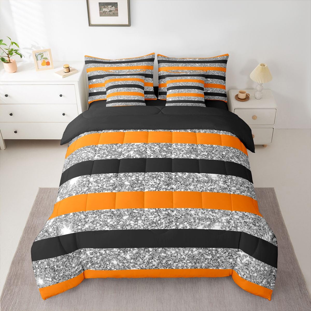 Feelyou Orange Black Comforter Set with Sheets 7 Piece Full Size Stripes Bed in a Bag Kids Boys Girls Glitter Bedding Set Geometric Bedroom Decor Breathable Soft Lightweight Microfiber