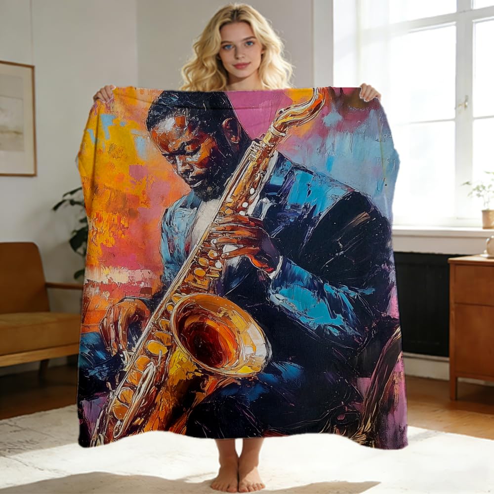 ZHOUSHUTONG African American Music Throw Blanket Black Music Print Super Soft Warm Cozy Flannel Blanket for Couch Bedroom Office Home Decor Gift for Music Lovers 49"x59"