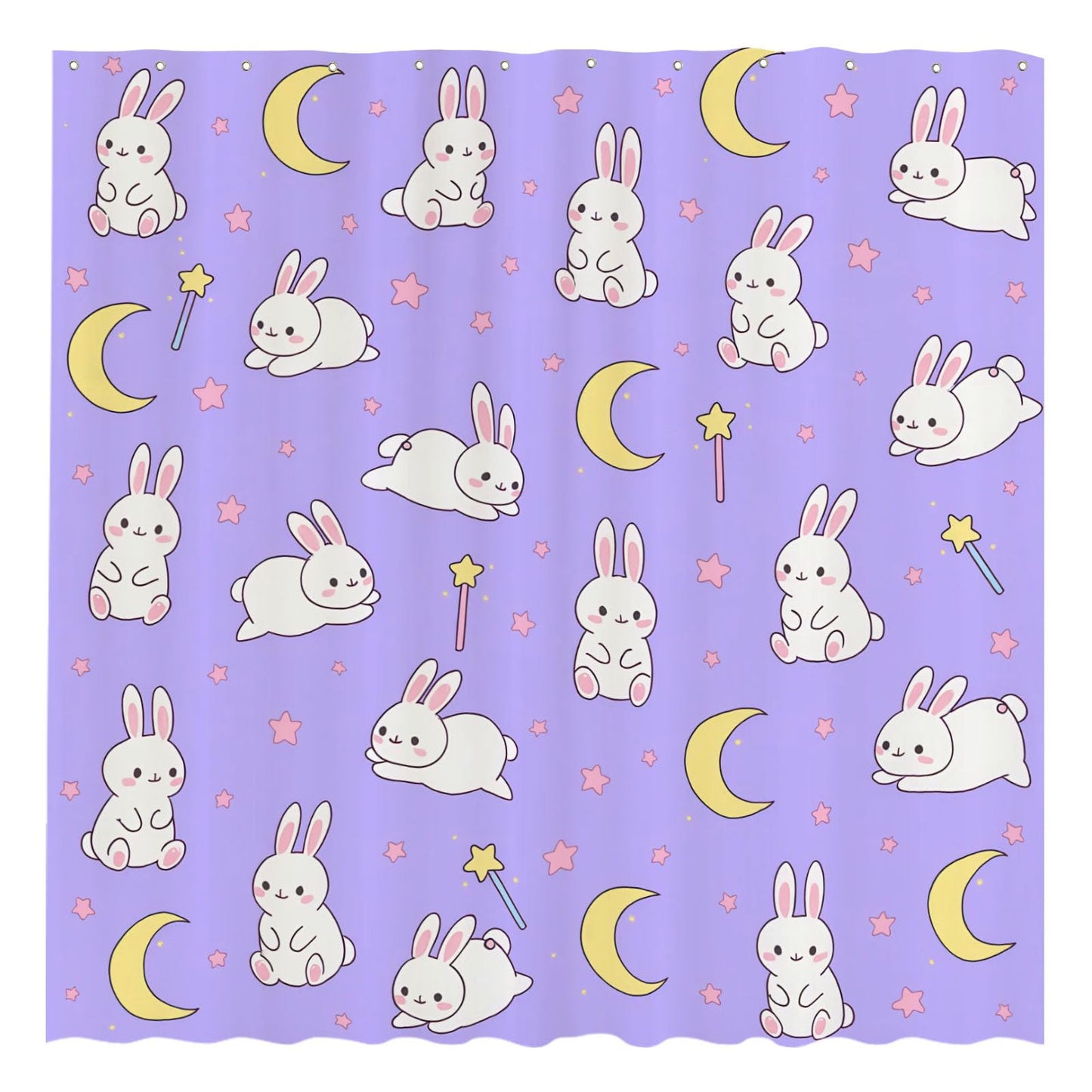 Funnytree Cute Anime Moon and Bunny Shower Curtain 72"x72" - Waterproof Fabric Bathroom Decor for Girls Teens Women Fans Daughter, Easy Care Washable (Hooks Not Included)