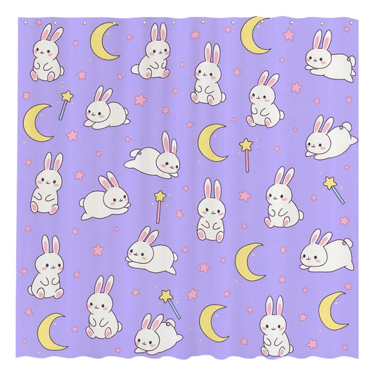 Funnytree Cute Anime Moon and Bunny Shower Curtain 72"x72" - Waterproof Fabric Bathroom Decor for Girls Teens Women Fans Daughter, Easy Care Washable (Hooks Not Included)