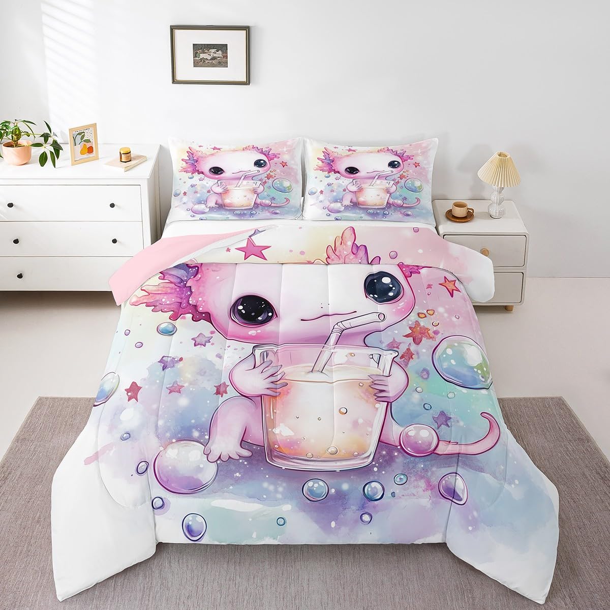 Feelyou Pink Cute Axolotl Comforter Set Twin Size Kids Cartoon Salamander Drink Bedding Set Boys Teens Kawaii Ocean Sealife Comforter Gift for Girls Women Duvet Set Bubble Quilt Set