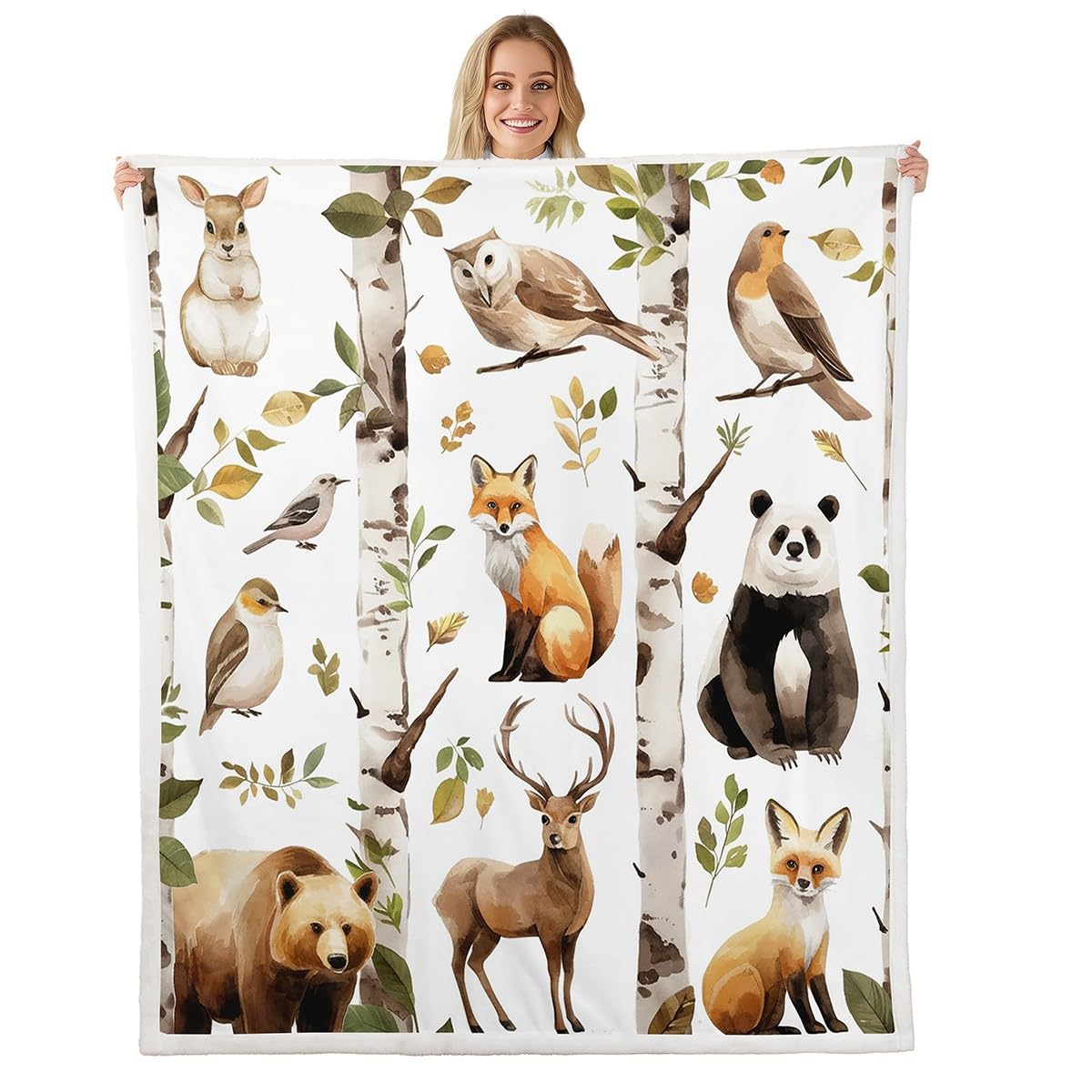 Erosebridal Woodland Animals Fleece Blanket Grizzly Bear Sherpa Blanket 90"x90", Deer Fox Panda Owl Silver Birch Tree Fuzzy Plush Throw
