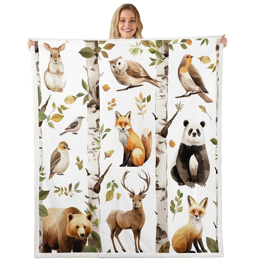 Erosebridal Woodland Animals Fleece Blanket Grizzly Bear Sherpa Blanket 90"x90", Deer Fox Panda Owl Silver Birch Tree Fuzzy Plush Throw